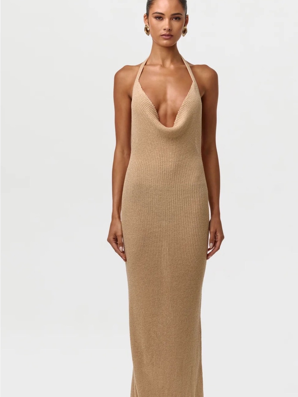 naked wardrobe Camel Halter Cowl-Front Maxi Dress